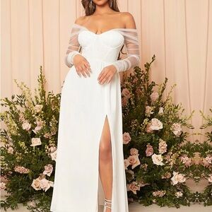 SHEIN Belle Contrast Mesh Split Thigh Bustier Chiffon Wedding Dress